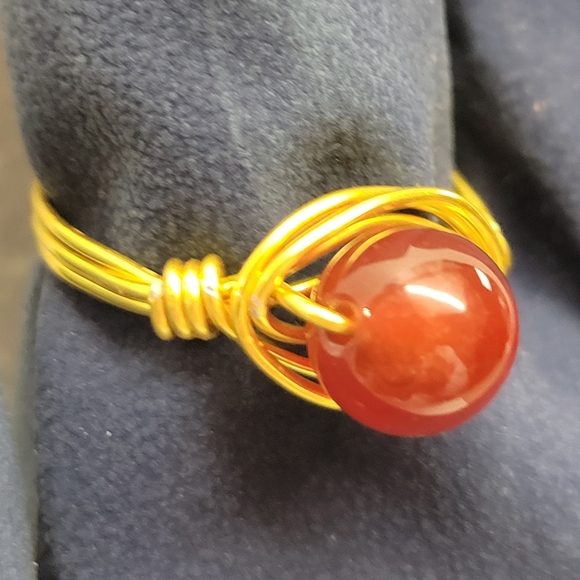 Gold Wire Wrapped Natural Carnelian Bead Ring - Picture 5 of 10